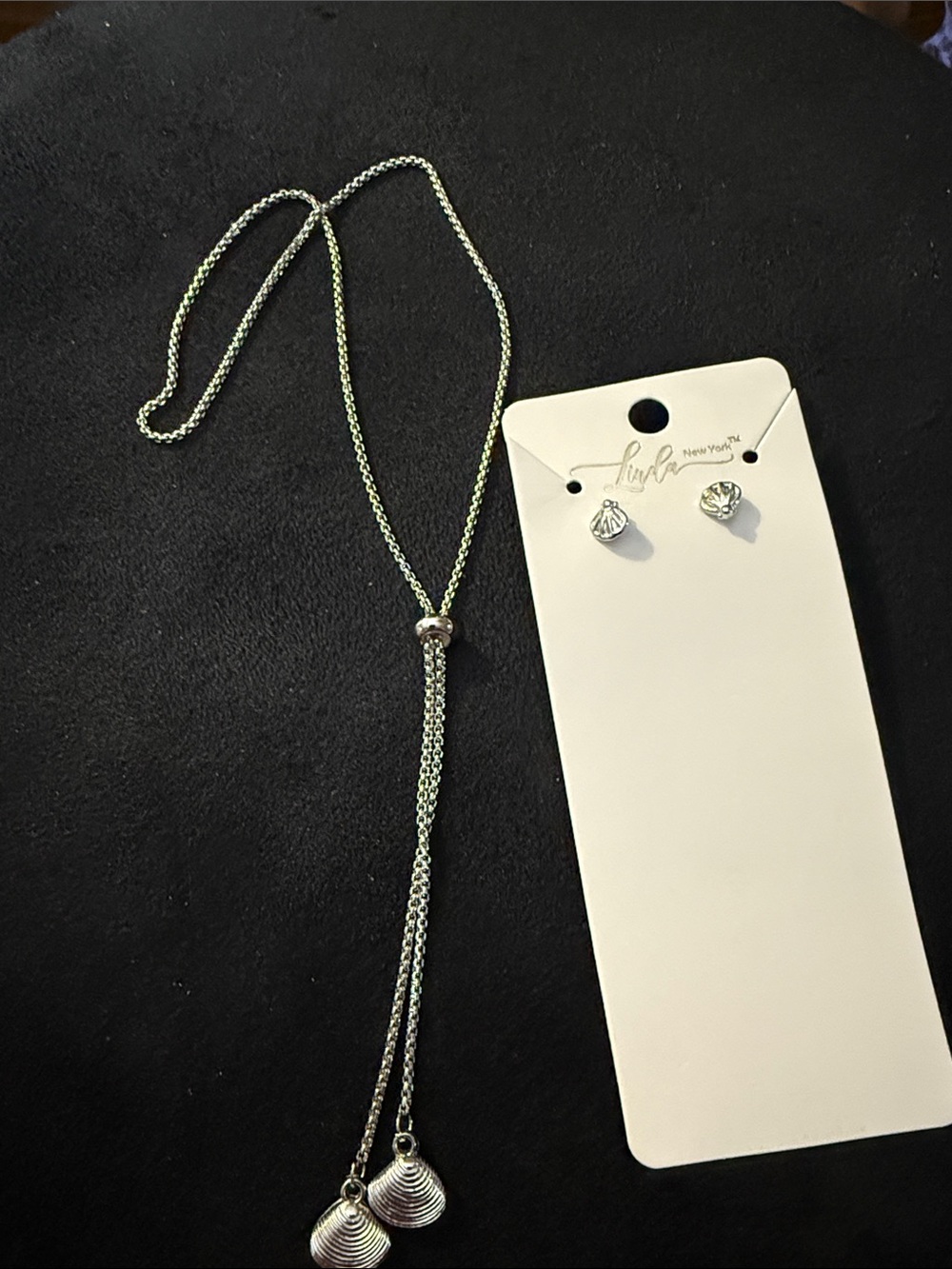 Silver Shell Lariat Necklace & Stud Earrings Set